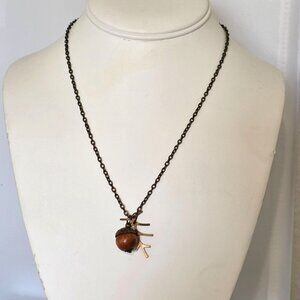 Wood Acorn Pendant Necklace Brass Branch Leaf Charm Antique Bronze Chain 18"